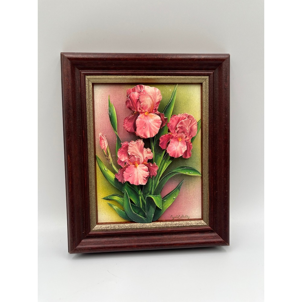 Rare Handmade 3D layered Paper Art 1989 "Pink IRIS" Signed By Crystal Skelley